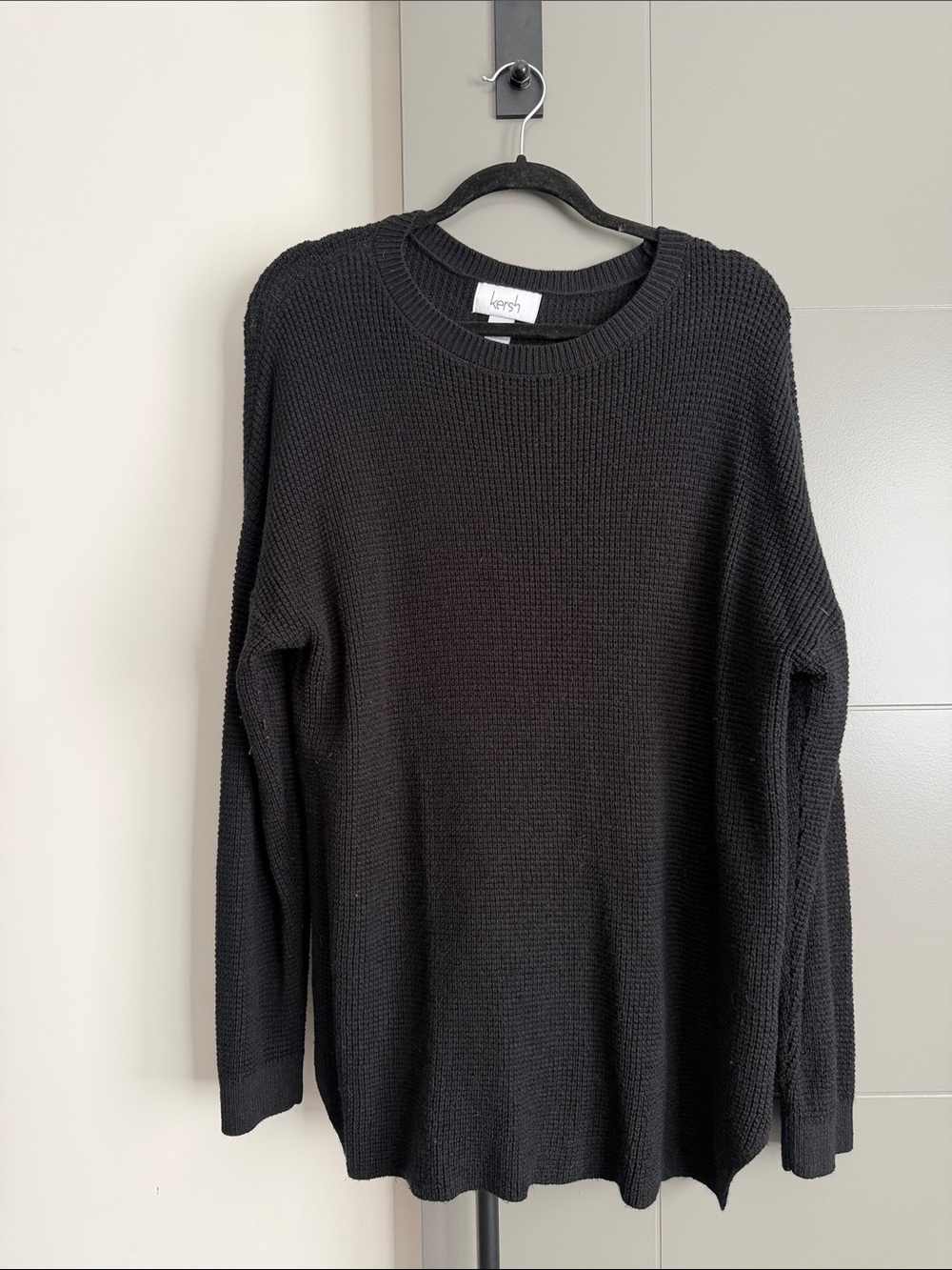 Kersh Black Waffle-Knit Crewneck Sweater